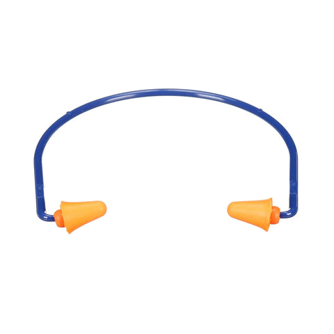 Neckband Ear Protection with 28 dB NRR, lightweight design, blue band with high-visibility replaceable orange foam tips.