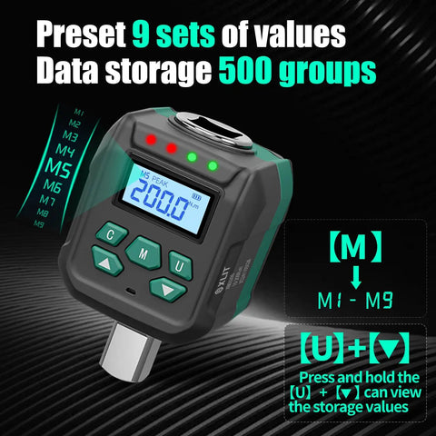 Half Inch Digital Torque Adapter Kit With Socket Adapters For Ratchet Or Breaker Bar, Two Percent Accuracy, display