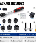 Ratchet Knockout Hole Punch Kit 1/2 To 2 Inch Slug-Buster Conduit Cutter Set components, including socket wrench and punch dies