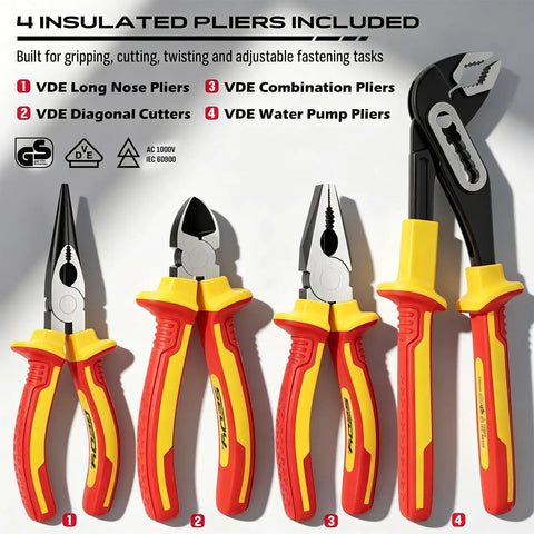 All In One Insulated Electrician Tool Set Pro Grade Workhorse For Electricians 1000V VDE Certified Screwdrivers Voltage Tester Long Nose Pliers Diagonal Cutting Pliers Water Pump Pliers For Safe Electrical Work At Home, 4 insulated pliers