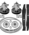 Upgrade Your MTD LT542H With This Hot Deal 42 Inch Replacement Spindle Idler Pulley And Blade Belt Kit For 2005-2006 Models Perfect Fix For Worn Clutches And Drivetrain Service To Get Your Cutin Top Shape ASAP mower deck parts set with pulleys, blades, belt, and bolts