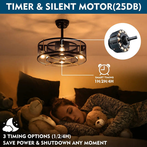 20 Inch Farmhouse Ceiling Fan With Lights Remote Control Black Industrial Cage Style Dope Reversible Motor Quiet Performance with Silent Feature Over Bed