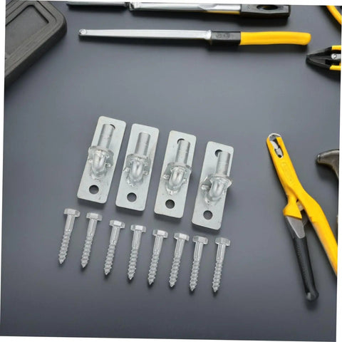 Heavy Duty Wall Mount Gate Hinge Set Featuring Four Galvanized Iron Plates For Smooth As Butter Swinging Barn Doors And Outdoor Fences Comes With All Necessary Screws For Hassle Free Setup with hardware components.