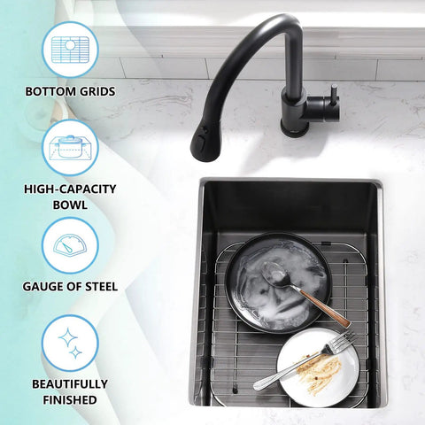 Stainless Steel Sink Grids Set of 2, 13 x 11-5/8 Inches in a kitchen sink with plates, rust-resistant brushed finish.