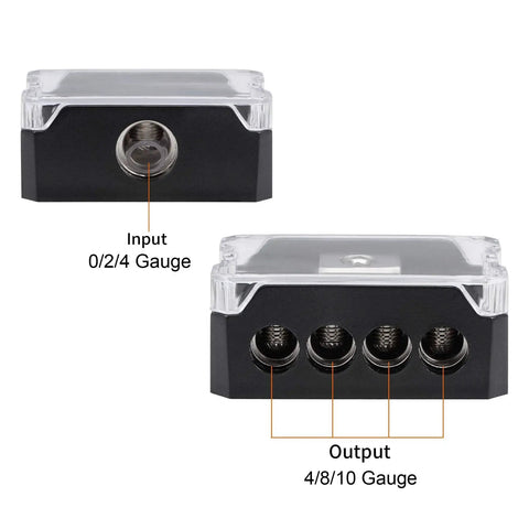 4 Way Car Amp Power Distribution Block 0 2 4 AWG In and 4 8 10 AWG Out Nickel Plated Internals Ground Distributor for Multi Amp Car Audio Wiring 2 Pack showing input and output ports