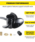 13 Inch Diameter, 17 Inch Pitch Aluminum Boat Propeller With 15 Spline Right Hand Rotation For Mercury Outboards Forty To One Hundred Forty HP Replace OEM 48 8M8026590 Includes Hub Kits displayed with hub accessories.