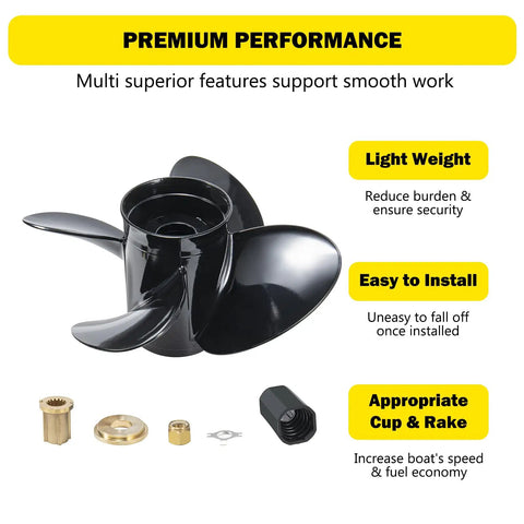 13 Inch Diameter, 17 Inch Pitch Aluminum Boat Propeller With 15 Spline Right Hand Rotation For Mercury Outboards Forty To One Hundred Forty HP Replace OEM 48 8M8026590 Includes Hub Kits displayed with hub accessories.