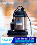 Three Quarters Horsepower Sump Pump For Basement Flooding, 4200 GPH Submersible Water Pump with stainless steel body in water