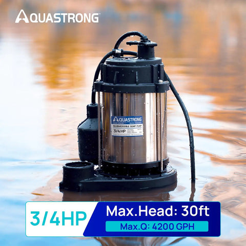 Three Quarters Horsepower Sump Pump For Basement Flooding, 4200 GPH Submersible Water Pump with stainless steel body in water