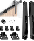 Silent Soft Close Barn Door Hardware Kit With Adjustable Stopper And Damper For Sliding Doors Between 88 And 132 Pounds Universal Top Track Fit No Drilling Required Includes Two Spacers Black Finish viewed from front with components.