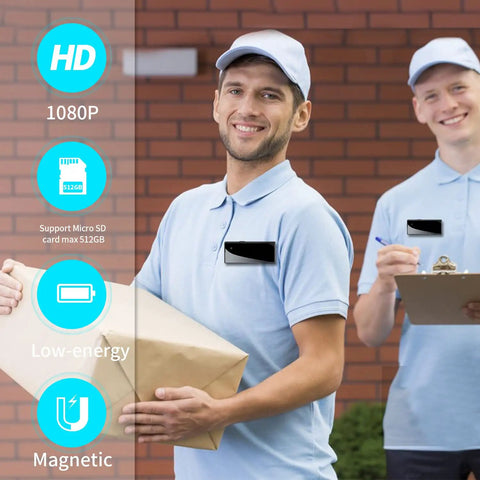 Delivery personnel wearing Mini Spy Nanny Cam Body Camera 1080P Wearable Badge Style With Magnetic Clip And Brooch