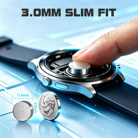 Lr1130 Lr54 And Ag10 Alkaline Button Batteries 1.5V 389 390 Cell 10 Pack for watch installation, showing battery size and fit.