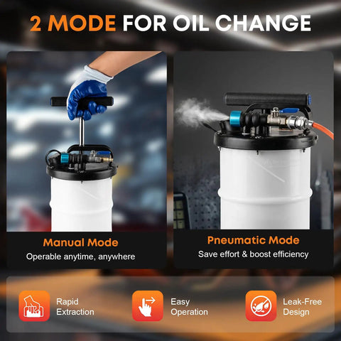 Gearhead Ready Dual Mode 6.5L Oil Extractor Pump in manual and pneumatic modes with extended hoses for garage and DIY projects.