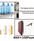 Heavy Duty 2 Pack Folding Shelf Brackets In Corrosion Resistant Stainless Steel With Collapsible Triangle Frame supporting water bottles.