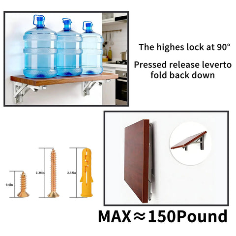 Heavy Duty 2 Pack Folding Shelf Brackets In Corrosion Resistant Stainless Steel With Collapsible Triangle Frame supporting water bottles.