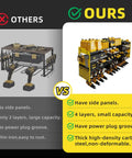 Comparison of two tool organizers, highlighting features of a Heavy Duty Wall Mounted Tool Organizer with Four Layer Storage and Twelve Drill Holders for Garage and Workshop Side Plates for Batteries and Accessories Adjustable Utility Rack for Maximum Organization.