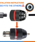 Keyless Drill Chuck Adapter Kit 1/2-20UNF with SDS-Plus Shank, installation instructions and compatible fittings shown.