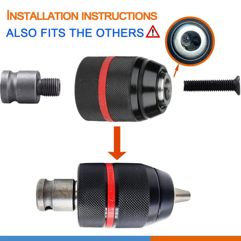 Keyless Drill Chuck Adapter Kit 1/2-20UNF with SDS-Plus Shank, installation instructions and compatible fittings shown.