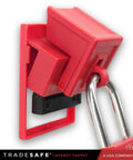 Red heavy duty clamp-on circuit breaker lockout device kit, 480 and 600 volt, for single and multi pole breakers, OSHA compliant.