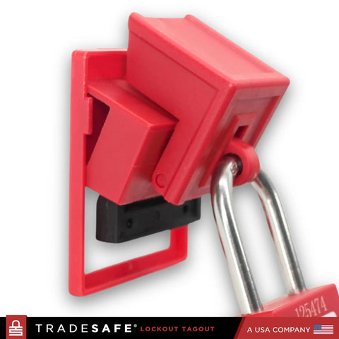 Red heavy duty clamp-on circuit breaker lockout device kit, 480 and 600 volt, for single and multi pole breakers, OSHA compliant.