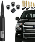 Flag Truck Bullet Antenna With Tire Valve Caps, Universal Fit For Dodge Ram GMC Sierra Chevy Silverado Ford F Series, shown next to truck.