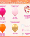 Hot Pink And Orange Balloon Arch Kit With Metallic Gold Confetti Balloons for weddings and parties, showing sizes and colors