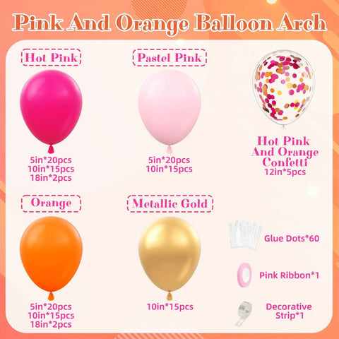 Hot Pink And Orange Balloon Arch Kit With Metallic Gold Confetti Balloons for weddings and parties, showing sizes and colors