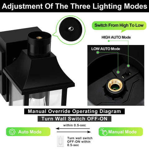 Diagram of Porch Light With GFCI Outlet and Dusk to Dawn Motion Sensor showing manual override and three lighting modes.