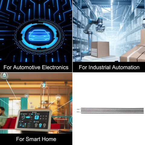 MECCANIXITY FSR408 thin-film pressure sensor strip; shown in automotive, industrial, smart-home, and installed views.