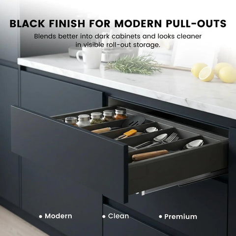Open kitchen drawer using undermount drawer slides 18 inch black with soft close bottom mount pull out shelf rails
