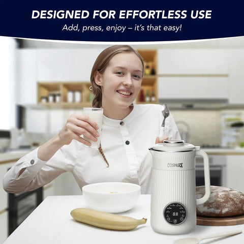 Woman using 8 In 1 Nut Milk Maker Blender 32oz Capacity For Creamy Soy Almond Oat Coconut And Plant Based Non Dairy Beverages With Delay Start And Keep Warm