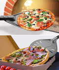 Turning Pizza Peel with 8 Inch Aluminum Round Paddle lifting pizza in outdoor oven, showcasing lightweight aluminum design.
