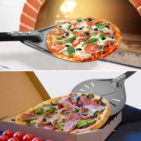 Turning Pizza Peel with 8 Inch Aluminum Round Paddle lifting pizza in outdoor oven, showcasing lightweight aluminum design.