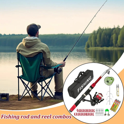 Person fishing by a lake with Fly Rod And Reel Combo For Travel And All Terrain Fishing With Telescopic Rod Easy Carry Case And Multipurpose Kit