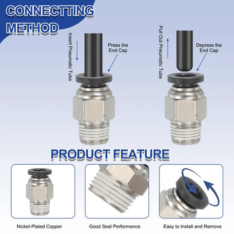 Connecting method of Five Pack Beefy NPT Push To Connect Air Fittings Male Straight 1/4 Inch Tube OD To 1/4 Inch NPT Thread