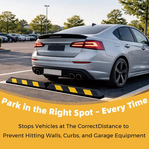 Car parked using 35.5 Inch Heavy Duty Rubber Parking Stopper 2 Pack With Reflectors And Mounting Screws, 22,000 Lbs Vehicle Stop, installed
