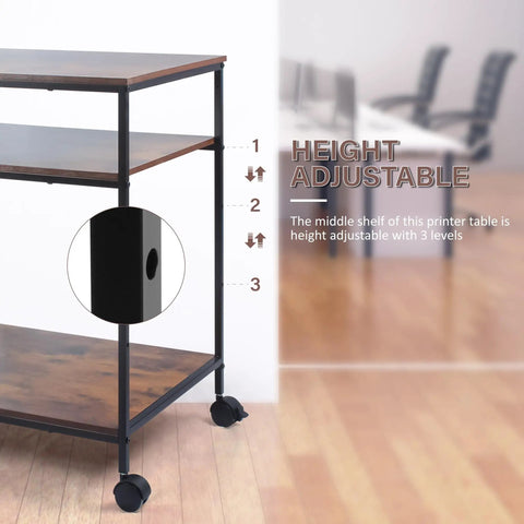 Top Shelf Premium Steel Frame 3 Tier Printer Stand Beefy Rolling Cart with height adjustable middle shelf and caster wheels.