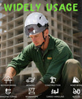 Man wearing OSHA approved vented white hard hat with visor, ANSI Z89.1 Type I, on construction site, demonstrating helmet use.
