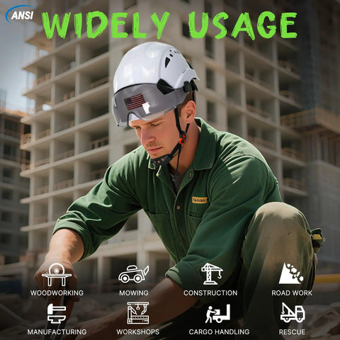 Man wearing OSHA approved vented white hard hat with visor, ANSI Z89.1 Type I, on construction site, demonstrating helmet use.