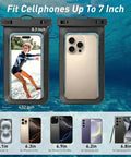 Waterproof Phone Pouch Dry Bag Up To 7 Inches IPX8 Case For iPhone 17 16 15 14 13 Pro Max Plus Black Universal With Size Chart