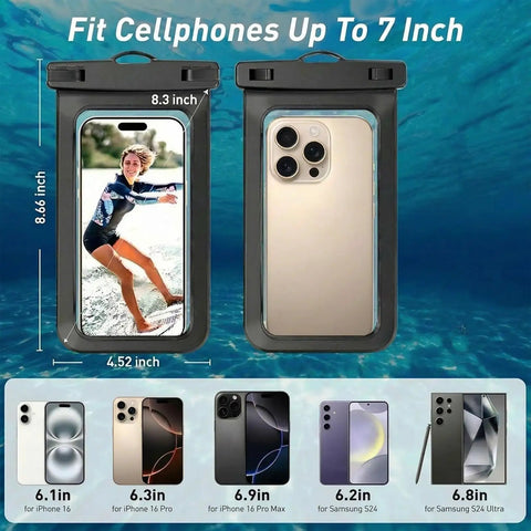 Waterproof Phone Pouch Dry Bag Up To 7 Inches IPX8 Case For iPhone 17 16 15 14 13 Pro Max Plus Black Universal With Size Chart