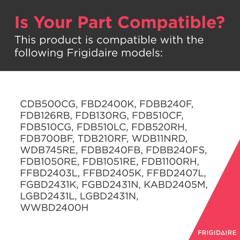 Compatibility chart for Detergent And Rinse Aid Dispenser For Dishwashers Model 154574401 with Frigidaire models listed.