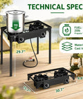 Two Burner Propane Stove For Outdoor Cooking With 150,000 BTU Total cooking soup on outdoor deck with technical specs