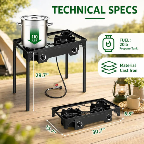 Two Burner Propane Stove For Outdoor Cooking With 150,000 BTU Total cooking soup on outdoor deck with technical specs