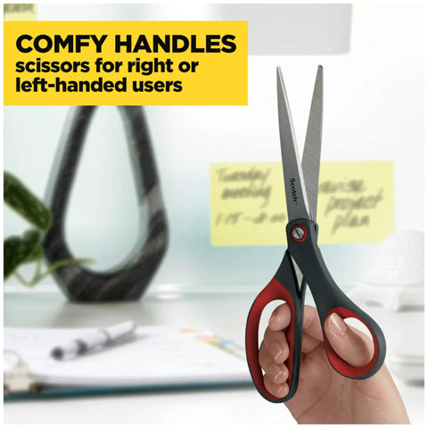 All Purpose Precision Scissors For Everyday Crafting And Office Tasks, Stainless Steel Blades Deliver Sharp Long Lasting Cuts. Soft comfort grip shown in hand.