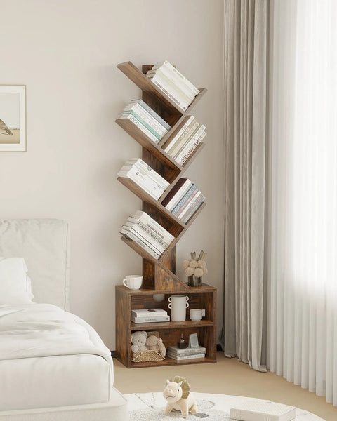 Six Tier Tree Bookshelf With Storage Cabinet For Small Spaces Narrow Floor Standing Book Rack, rustic brown in living room.