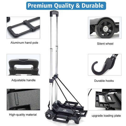 JMFOLD 70-lb folding hand truck dolly with two wheels, black base and adjustable aluminum telescoping handle.