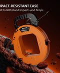 240 Ft Heavy Duty Flat Steel Fish Tape With Thumb Brake And Ergonomic Handle shown with impact-resistant case against rocky background.