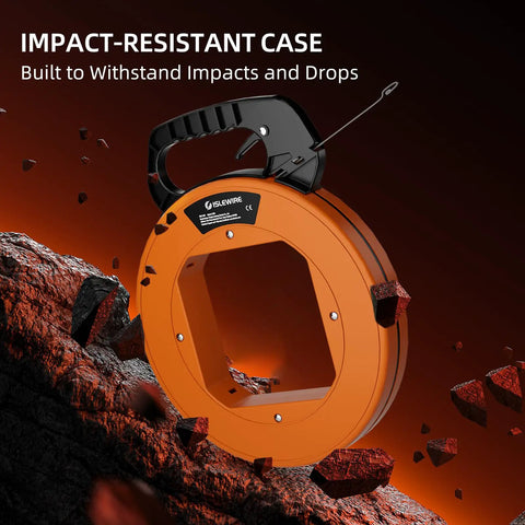 240 Ft Heavy Duty Flat Steel Fish Tape With Thumb Brake And Ergonomic Handle shown with impact-resistant case against rocky background.