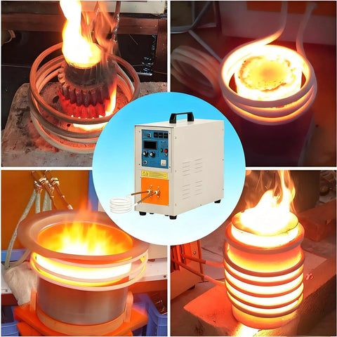 Top Shelf Industrial Induction Heater 15KW Power for metal melting, showing device in action with flames and metal parts heating.